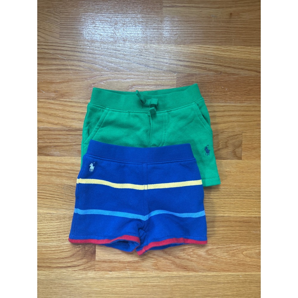 Ralph Lauren Baby Boy Shorts 6M Green Blue Striped Fleece Bundle 2 Pack
